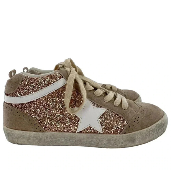 Miim womens high top sneakers size 7.5 faux suede rose gold glitter streetwear - Picture 13 of 13